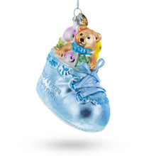 Load image into Gallery viewer, Teddy Bear Nestled in a Blue Shoe for Baby's First Glass Christmas Ornament