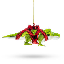 Load image into Gallery viewer, Alligator Adorned with Gift Ribbon Glass Christmas Ornament