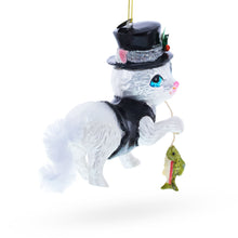 Load image into Gallery viewer, Cat in Black Costume Holding Fish Glass Christmas Ornament