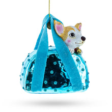 Load image into Gallery viewer, Dog in Blue Handbag Glass Christmas Ornament