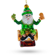 Load image into Gallery viewer, Irish Santa Sitting on a Whiskey Barrel Glass Christmas Ornament