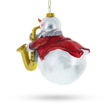 Load image into Gallery viewer, Jazzy Snowman Playing Saxophone Glass Christmas Ornament