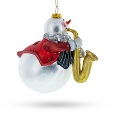 Load image into Gallery viewer, Jazzy Snowman Playing Saxophone Glass Christmas Ornament