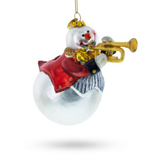 Load image into Gallery viewer, Festive Snowman Playing Trumpet Glass Christmas Ornament