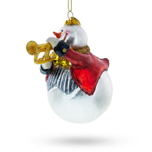 Load image into Gallery viewer, Festive Snowman Playing Trumpet Glass Christmas Ornament