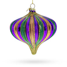 Load image into Gallery viewer, Purple Green Gold Glitter Stripe Teardrop Finial Glass Christmas Ornament
