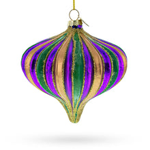 Load image into Gallery viewer, Purple Green Gold Glitter Stripe Teardrop Finial Glass Christmas Ornament