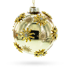 Load image into Gallery viewer, Jeweled Snowflakes Adorning a Golden Glossy Glass Ball Christmas Ornament