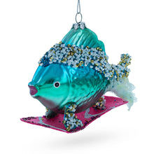Load image into Gallery viewer, Cool Blue Fish Surfing Wave Glass Christmas Ornament