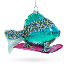 Load image into Gallery viewer, Cool Blue Fish Surfing Wave Glass Christmas Ornament