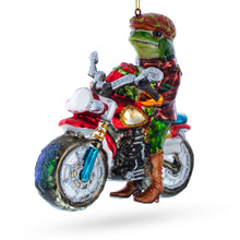 Load image into Gallery viewer, Frog Riding Motorcycle Glass Christmas Ornament