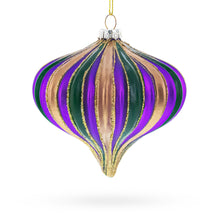 Load image into Gallery viewer, Striped  Purple, Green, and Gold Onion Finial Glass Christmas Ornament