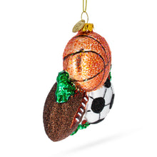 Load image into Gallery viewer, Sporty Football, Basketball, and Soccer Balls Glass Christmas Ornament