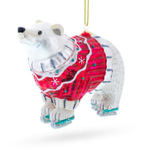 Load image into Gallery viewer, Polar Bear Wearing a Festive Sweater Glass Christmas Ornament