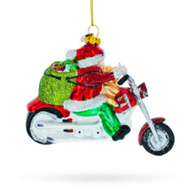Load image into Gallery viewer, Biker Santa on Red Motorcycle Glass Christmas Ornament