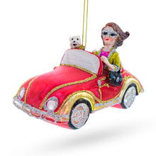 Load image into Gallery viewer, Stylish Woman Driving Pink Cabriolet Glass Christmas Ornament