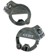 Load image into Gallery viewer, BL4-011 CERT Thin Gray Line HANDCUFFs Challenge Coin Bottle Opener Beard Gang Skull Corrections Correctional Officer