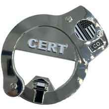 Load image into Gallery viewer, BL4-011 CERT Thin Gray Line HANDCUFFs Challenge Coin Bottle Opener Beard Gang Skull Corrections Correctional Officer