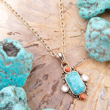 Load image into Gallery viewer, Champs Blue Turquoise and Orange Coral Golden Pendant Necklace