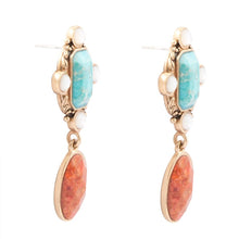 Load image into Gallery viewer, Champs Blue Turquoise and Orange Coral Post Drop Golden Earrings