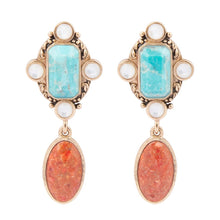 Load image into Gallery viewer, Champs Blue Turquoise and Orange Coral Post Drop Golden Earrings
