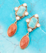 Load image into Gallery viewer, Champs Blue Turquoise and Orange Coral Post Drop Golden Earrings