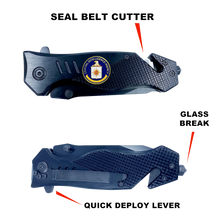 Load image into Gallery viewer, CIA Central Intelligence Agency 3-in-1 Tactical Rescue knife tool with Seatbelt Cutter, Steel Serrated Blade, Glass