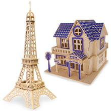 Load image into Gallery viewer, Set of 2 Eiffel Tower and House Model Kit Wooden 3D Puzzles