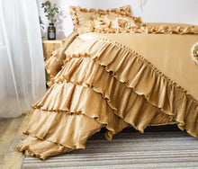 Load image into Gallery viewer, Tache Satin Ruffle Floral Gold Caramel Latte Comforter (BM4578)
