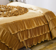 Load image into Gallery viewer, Tache Satin Ruffle Floral Gold Caramel Latte Comforter (BM4578)