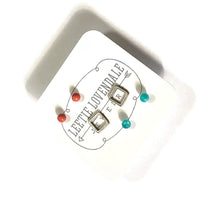 Load image into Gallery viewer, Tiny Teal Moonglow &amp; Frosted Silver Square Geo Stud Earrings