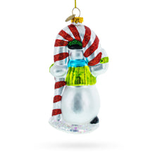 Load image into Gallery viewer, Snowman with the Mint Candy Cane Glass Christmas Ornament