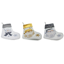 Load image into Gallery viewer, Set of 3 Gold and Silver, on White Felt Santa, Reindeer Christmas Stockings 15 Inches