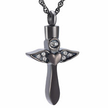 Load image into Gallery viewer, Angel Wings Cross &amp; Heart with Rhinestones Cremation Urn Necklace