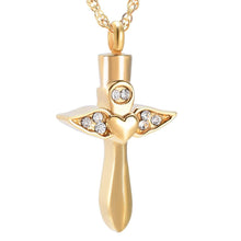 Load image into Gallery viewer, Angel Wings Cross &amp; Heart with Rhinestones Cremation Urn Necklace