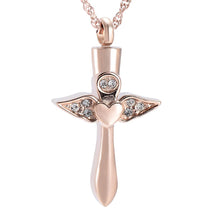 Load image into Gallery viewer, Angel Wings Cross &amp; Heart with Rhinestones Cremation Urn Necklace