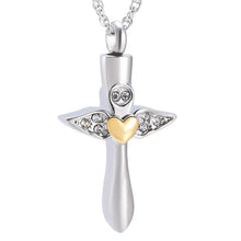 Load image into Gallery viewer, Angel Wings Cross &amp; Heart with Rhinestones Cremation Urn Necklace