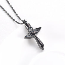 Load image into Gallery viewer, Angel Wings Cross &amp; Heart with Rhinestones Cremation Urn Necklace