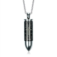 Load image into Gallery viewer, Black Bullet Cremation Urn Necklace Engraved With A Cross &amp; The Lord's Prayer
