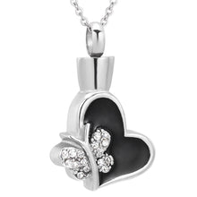 Load image into Gallery viewer, Butterfly &amp; Heart Cremation Urn Necklace With Rhinestones