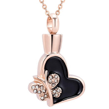 Load image into Gallery viewer, Butterfly &amp; Heart Cremation Urn Necklace With Rhinestones
