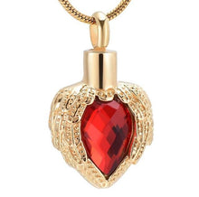 Load image into Gallery viewer, Golden Angel Wings Heart Cremation Urn Necklace With Gemstone