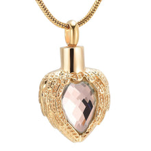 Load image into Gallery viewer, Golden Angel Wings Heart Cremation Urn Necklace With Gemstone