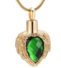 Load image into Gallery viewer, Golden Angel Wings Heart Cremation Urn Necklace With Gemstone
