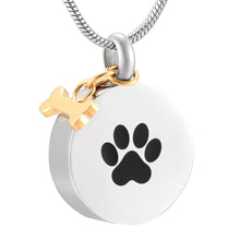 Load image into Gallery viewer, Golden Dog Bone Charm &amp; Paw Print Cremation Urn Necklace