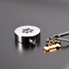 Load image into Gallery viewer, Golden Dog Bone Charm &amp; Paw Print Cremation Urn Necklace