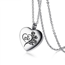 Load image into Gallery viewer, Heart Shaped Cremation Urn Necklace Engraved With Roses &amp; "Always In My Heart"