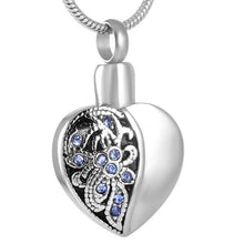Load image into Gallery viewer, Heart Shaped Cremation Urn Necklace With Blue Rhinestone Flowers