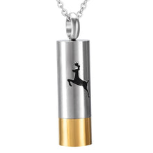 Load image into Gallery viewer, Hunter Silver &amp; Gold Shotgun Shell Cylinder Cremation Urn Necklace With A Deer