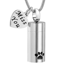 Load image into Gallery viewer, "Miss You" Silver Cylinder Cremation Urn Necklace